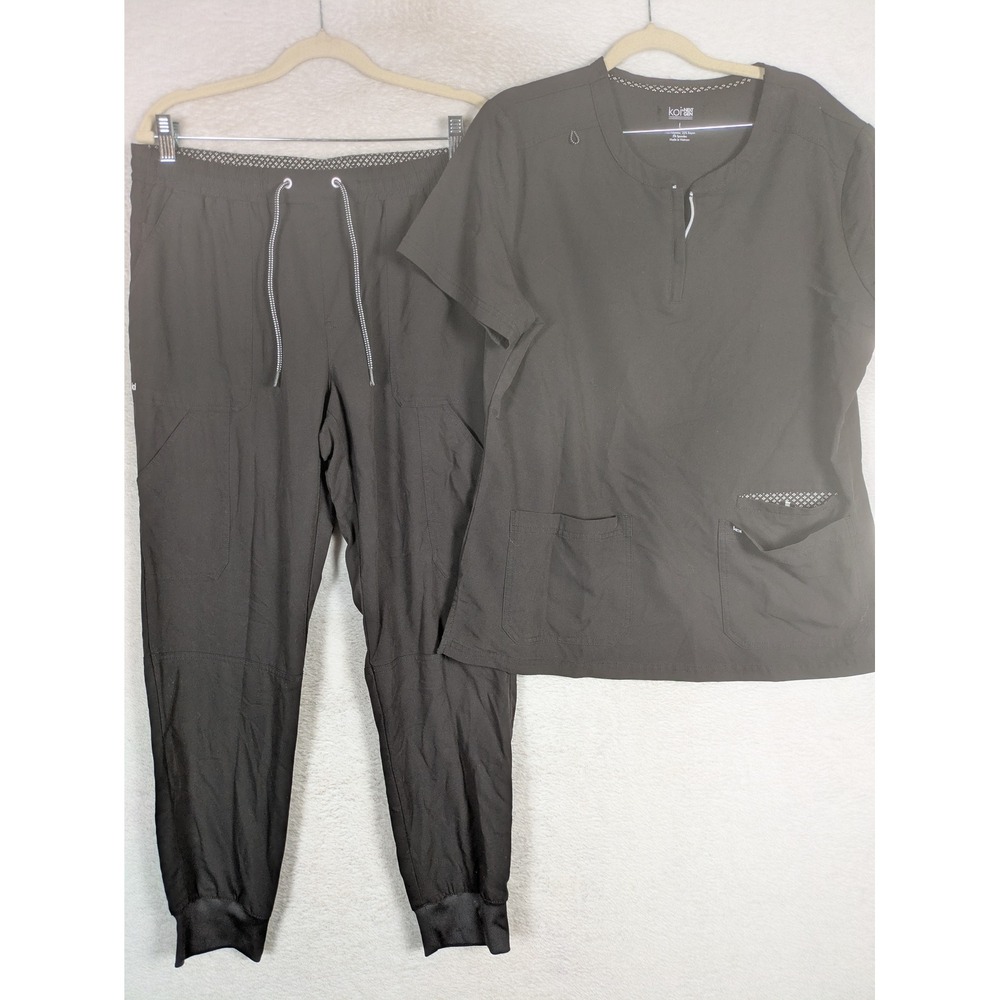 Koi Next Gen Scrub Set Women's M/L Black Jogger Pants Notched Top Stretch